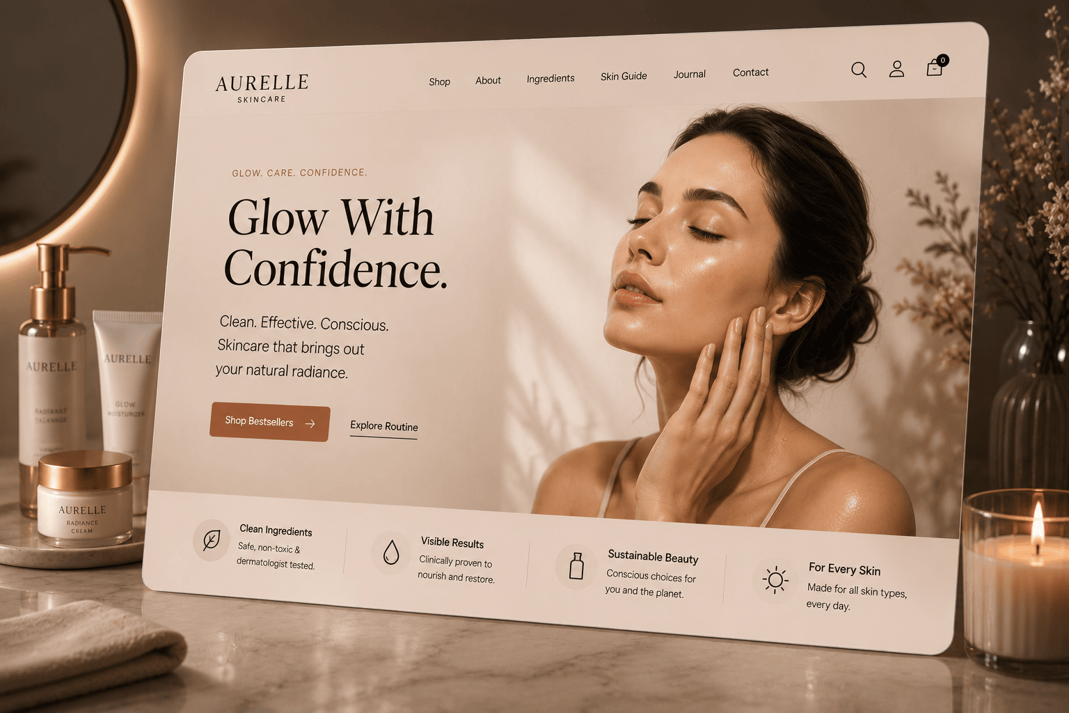 A skincare website design headed “Glow With Confidence”, shown on a screen beside cream jars and a candle.