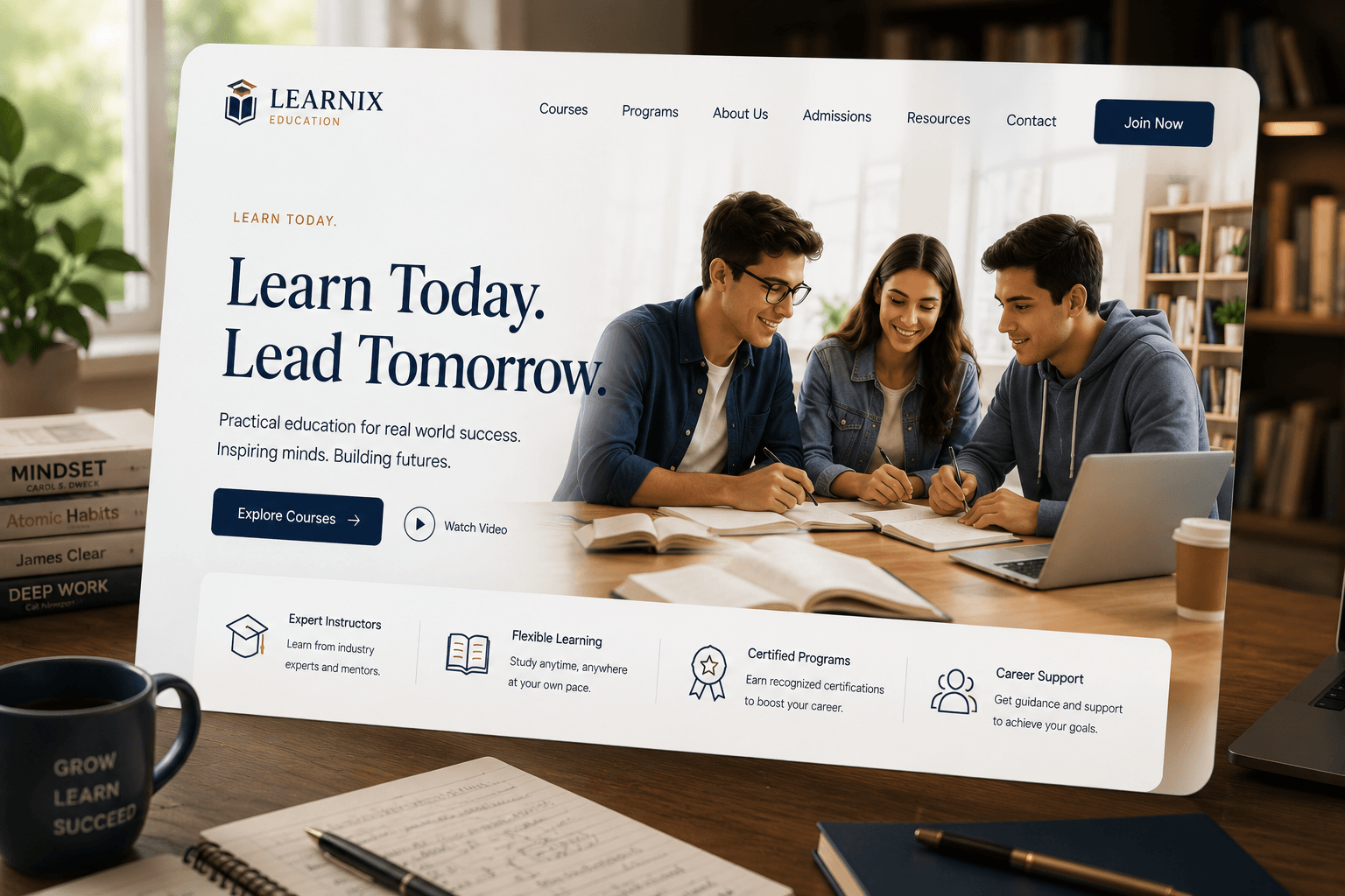A course website design headed “Learn Today. Lead Tomorrow.”, shown on a screen on a study desk.