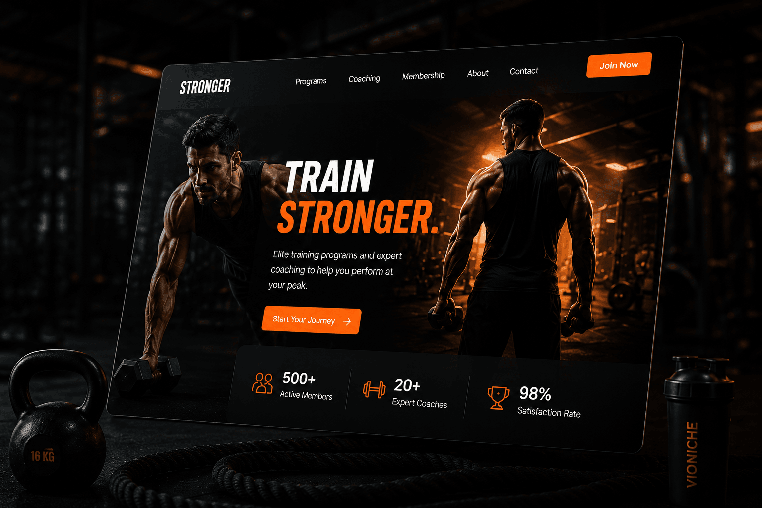 A gym website design headed “Train Stronger”, shown on a screen in a dark weights room.