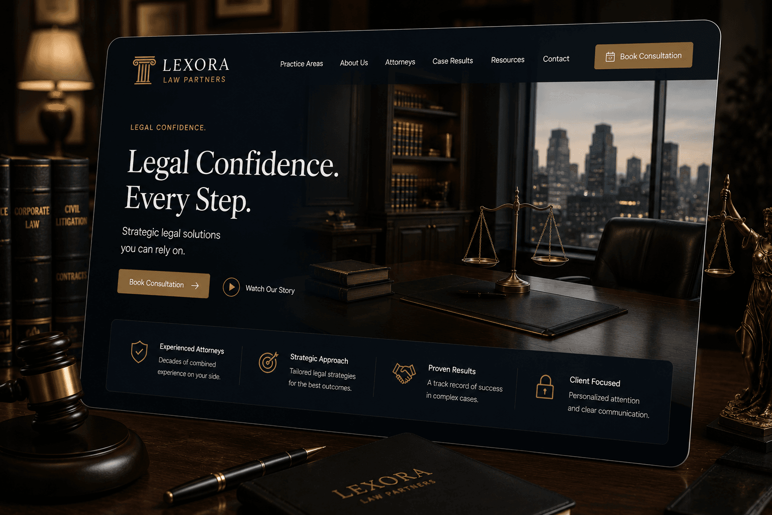 A law firm website design headed “Legal Confidence. Every Step.”, shown on a screen in a panelled office.