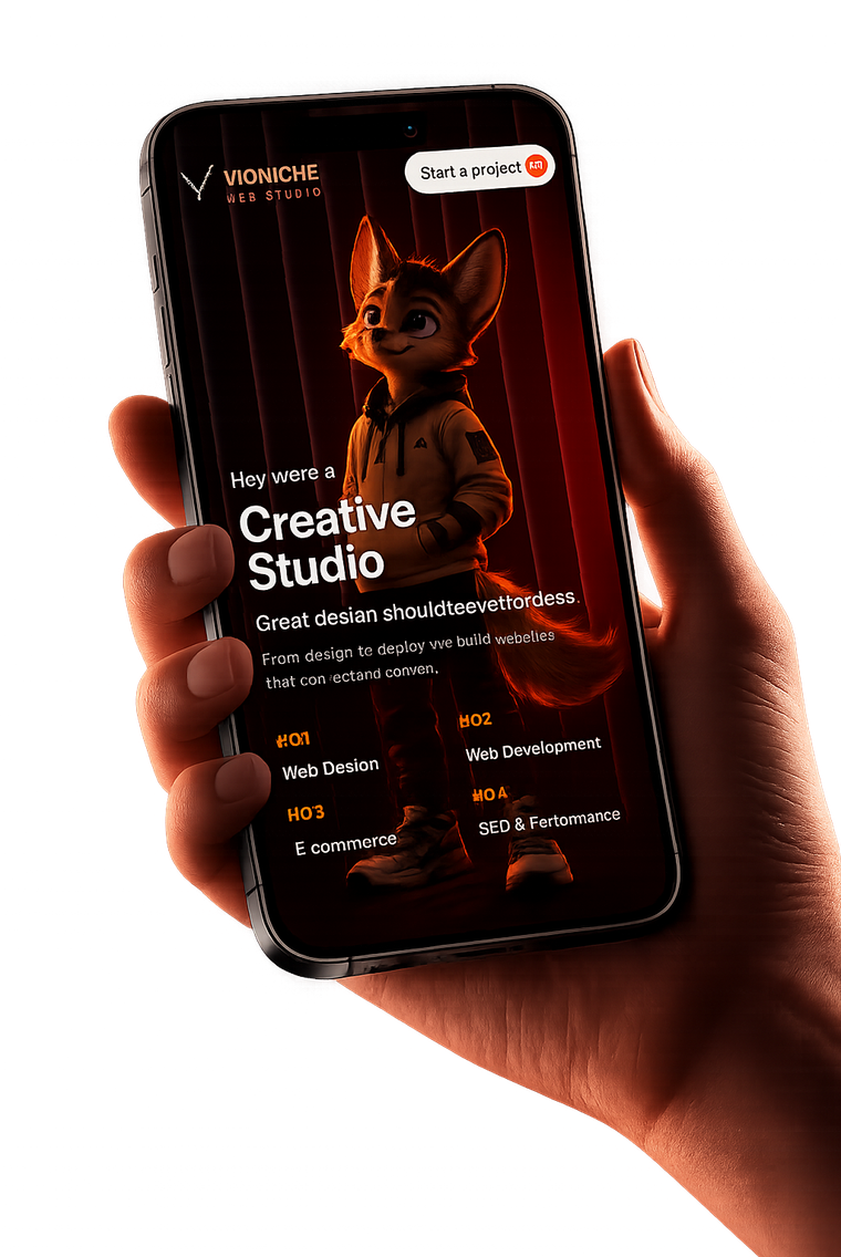 Website mockup on a phone held in hand